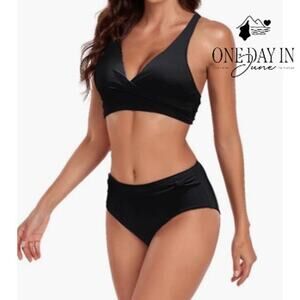 Adisputent Cross Front High Waisted Bikini Swimsuit Black Size S